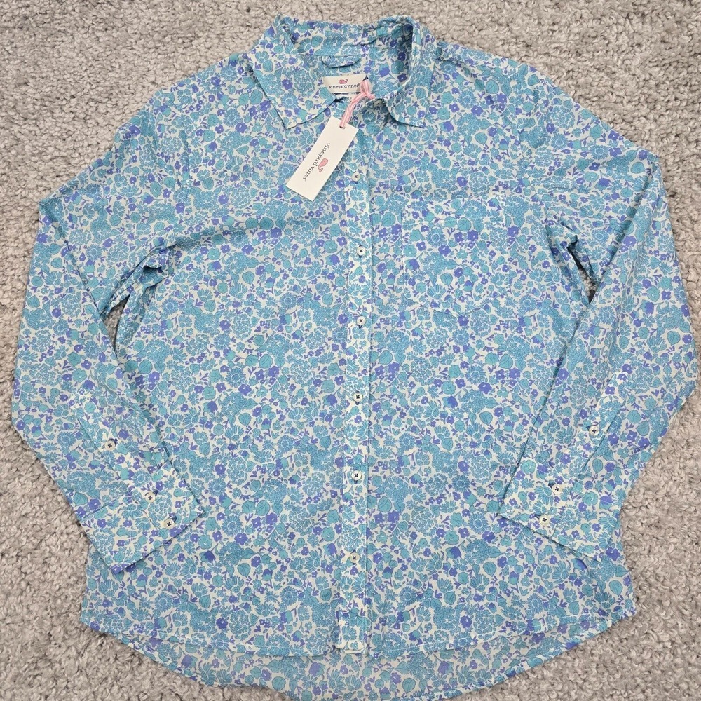 Vineyard Vines Womens Floral Button‎ Up Top Size 6 Blue Long Sleeve Preppy